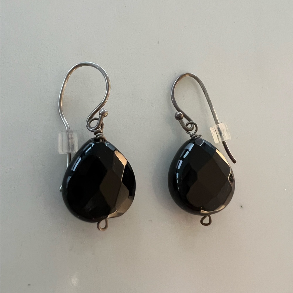 Black Teardrop 1” Drop Multi-Faceted Bead Earrings with Silver Hooks